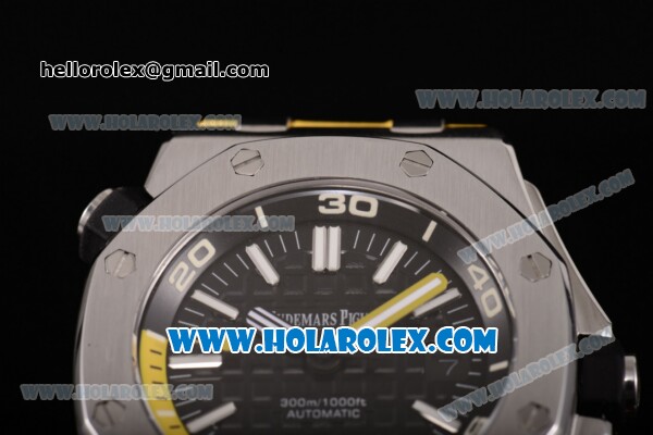 Audemars Piguet Royal Oak Offshore Diver Clone AP Calibre 3120 Automatic Steel Case with Black Dial Yellow Rubber Strap and White Stick Markers (EF) - Click Image to Close